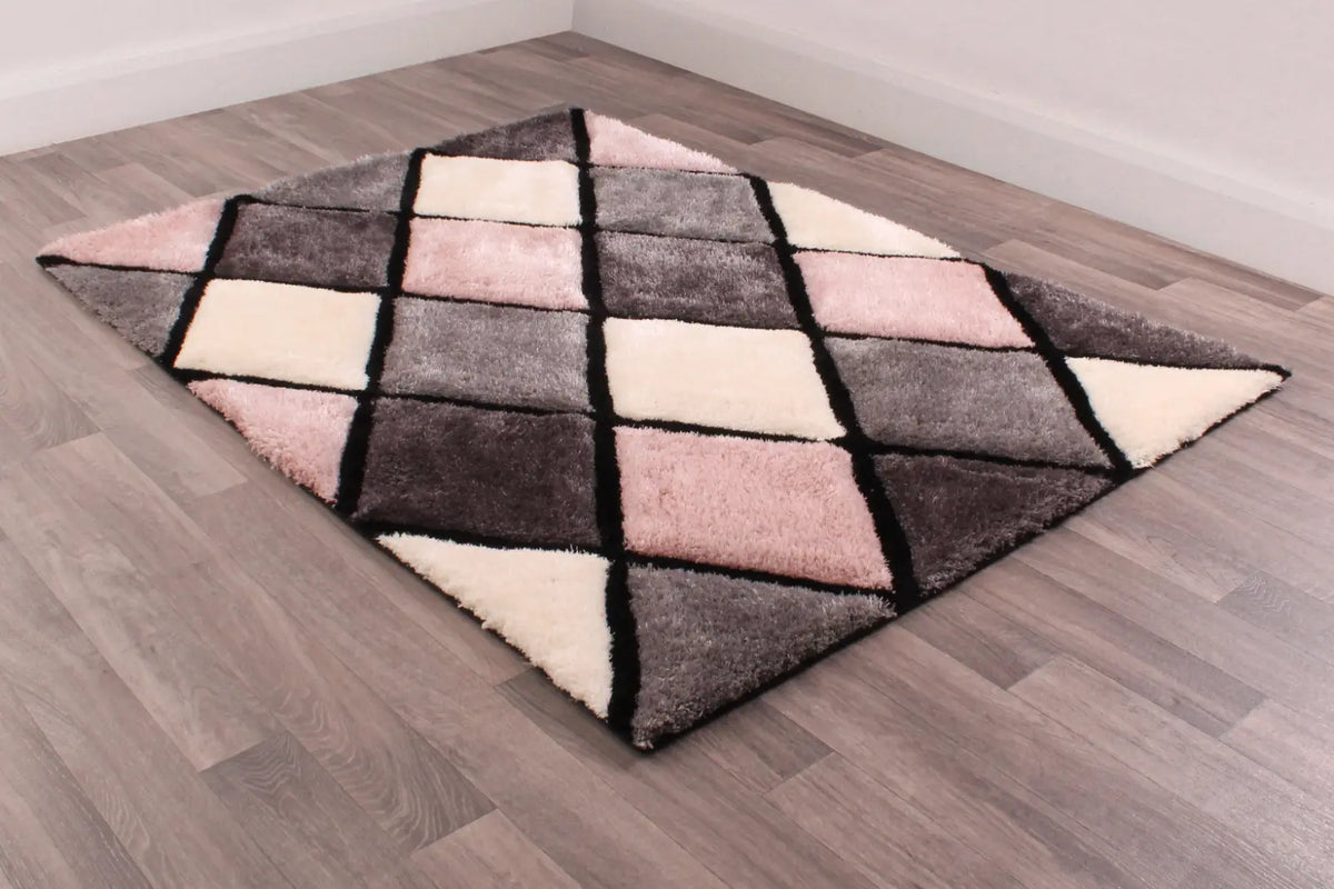 Argyle Blush Pink 3D Carved Diamond Shaggy Rug