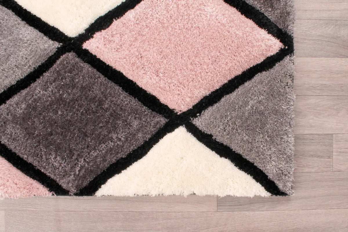 Argyle Blush Pink 3D Carved Diamond Shaggy Rug