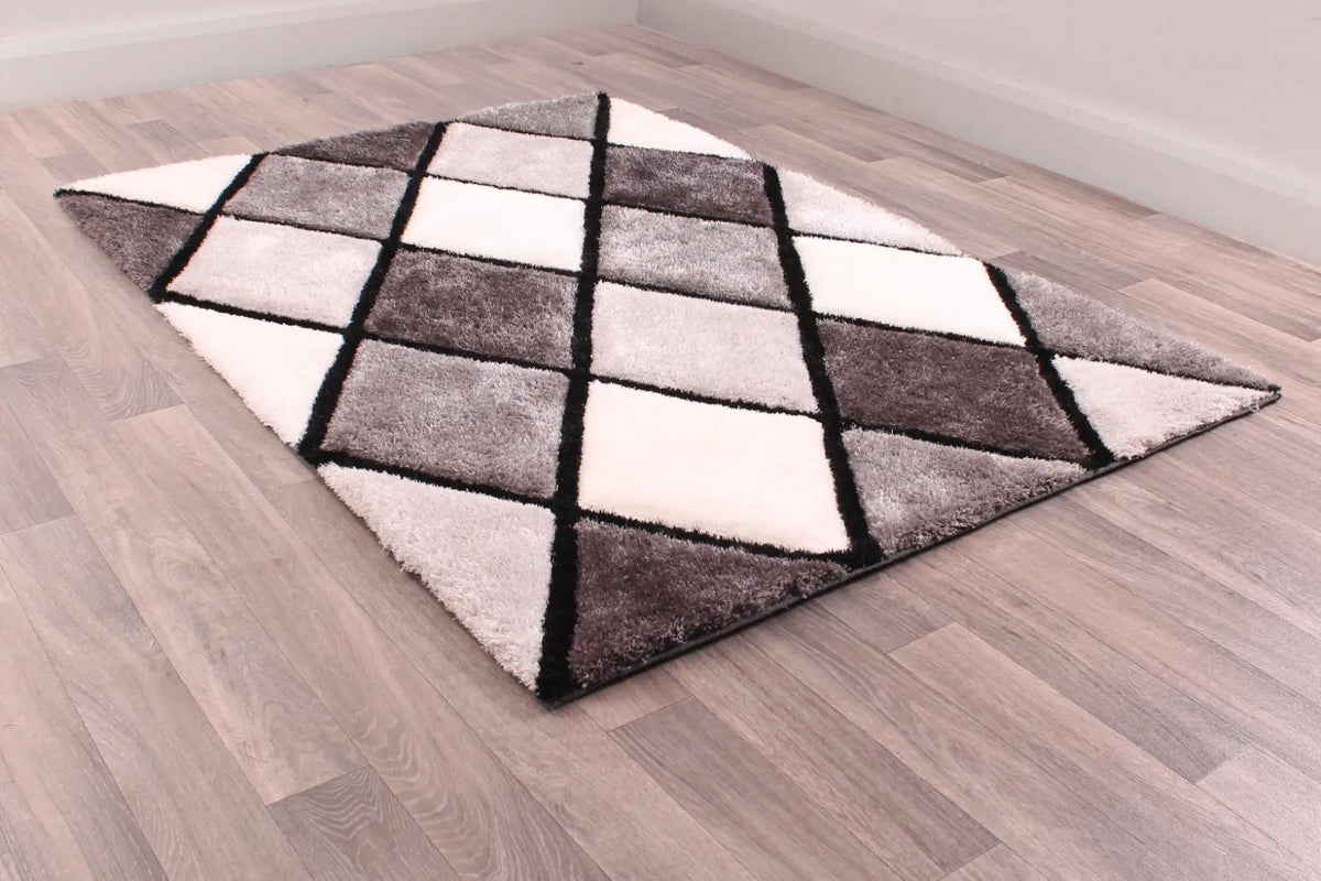 Argyle Grey 3D Carved Diamond Shaggy Rug