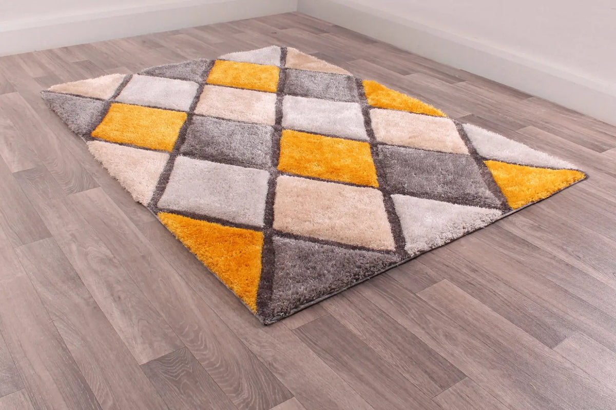 Argyle Mustard 3D Carved Diamond Shaggy Rug