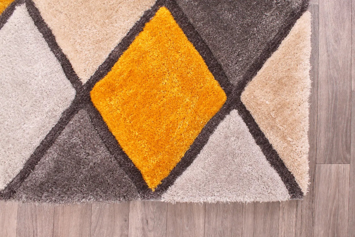 Argyle Mustard 3D Carved Diamond Shaggy Rug