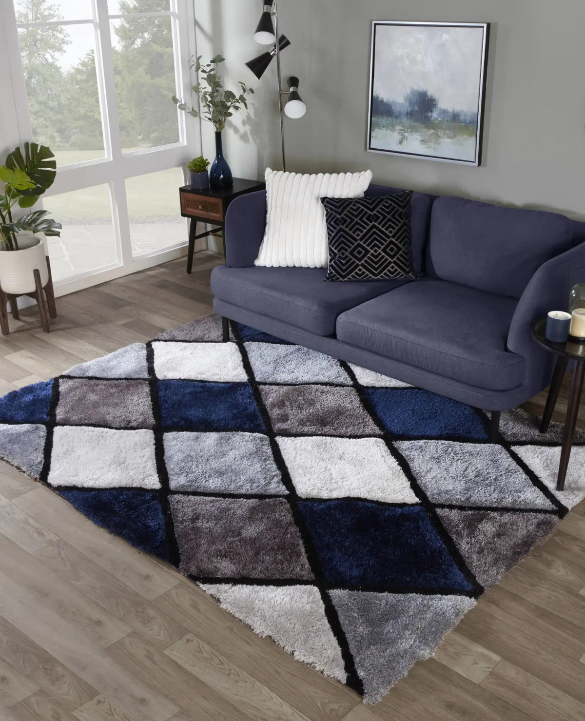 Argyle Navy 3D Carved Diamond Shaggy Rug