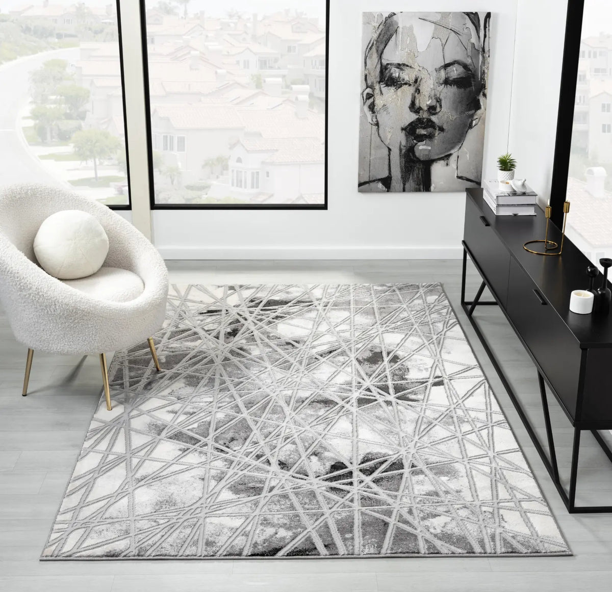 Bardiglio Dark Grey & Pale Grey Metallic Abstract Rug