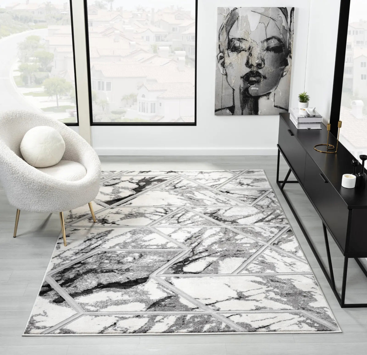 Calacatta Cream & Silver Marble Effect Rug