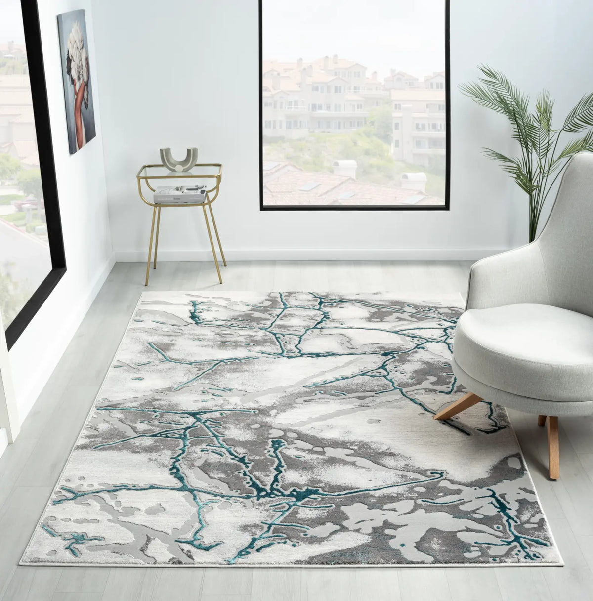 Carrara Cream & Teal Marble Effect Rug
