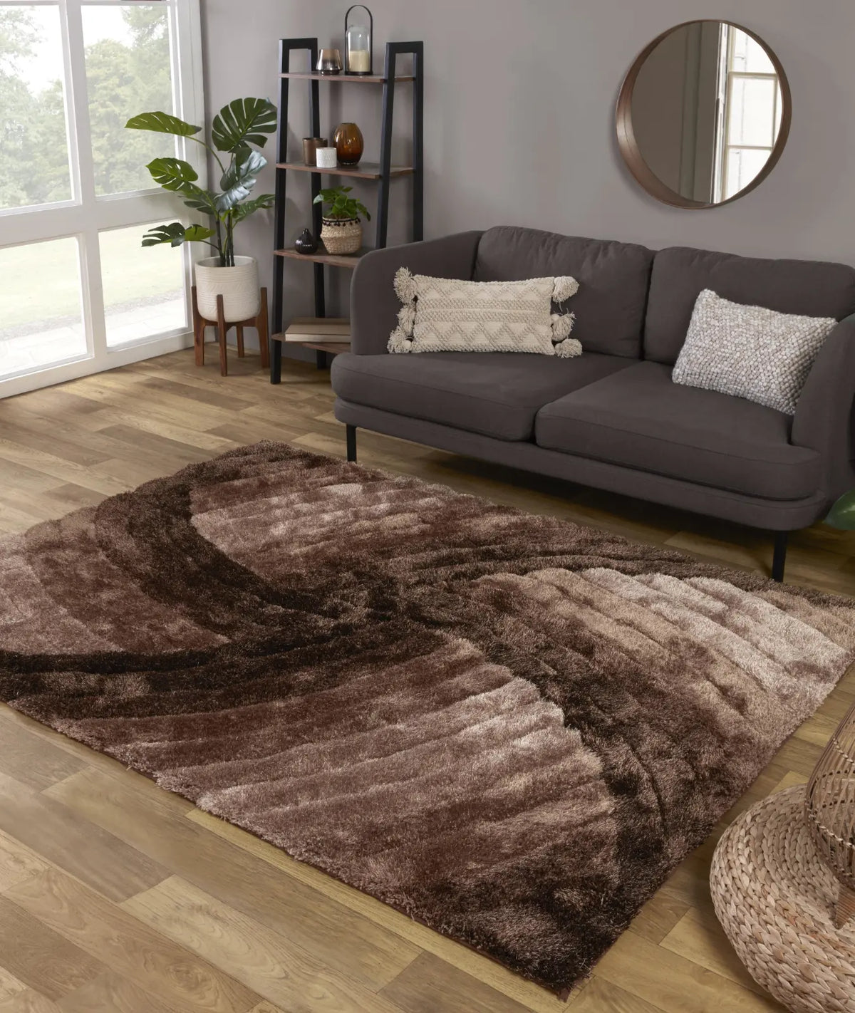 Cascade Chocolate Brown 3D Carved Swirl Shaggy Rug