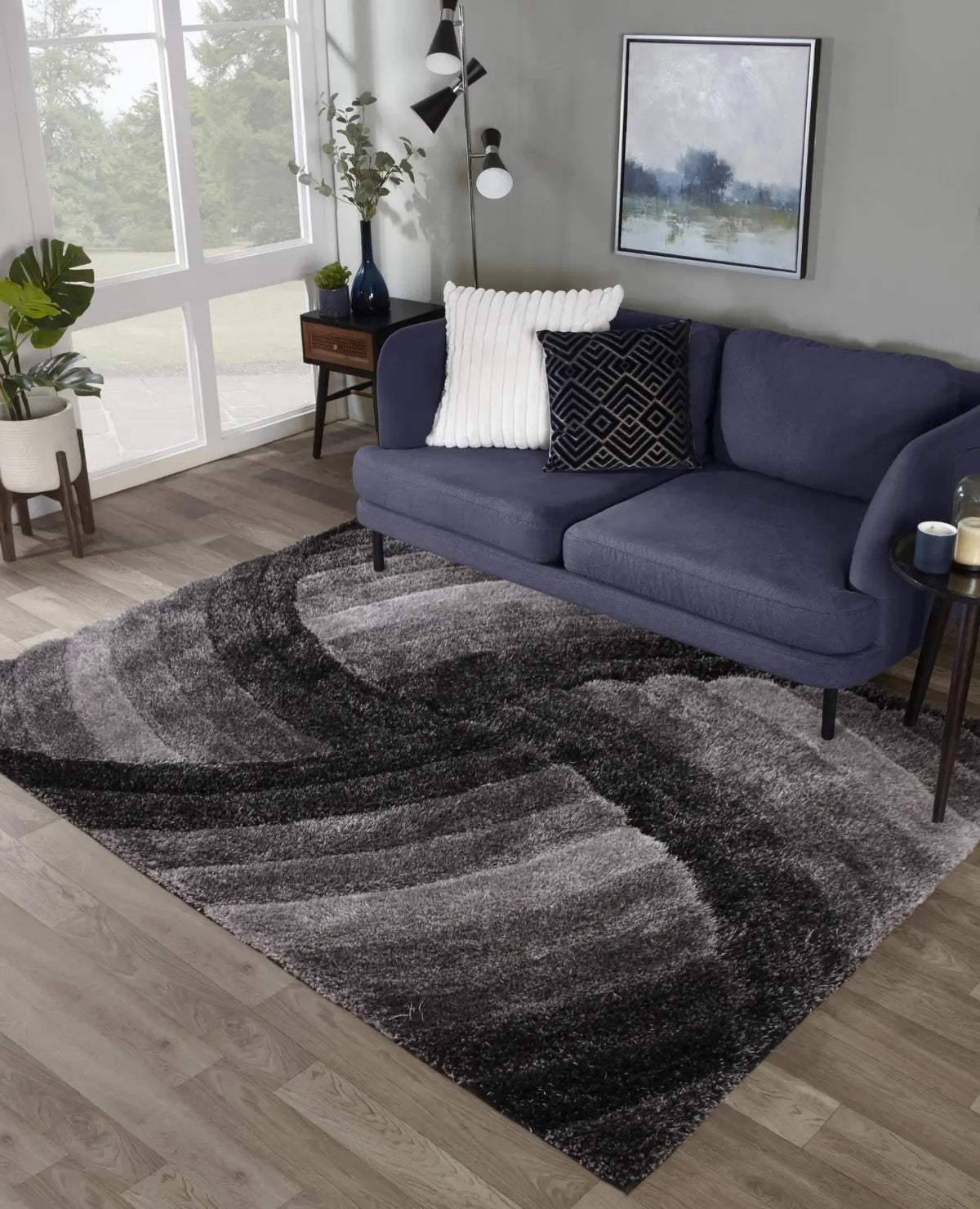 Cascade Grey 3D Carved Swirl Shaggy Rug