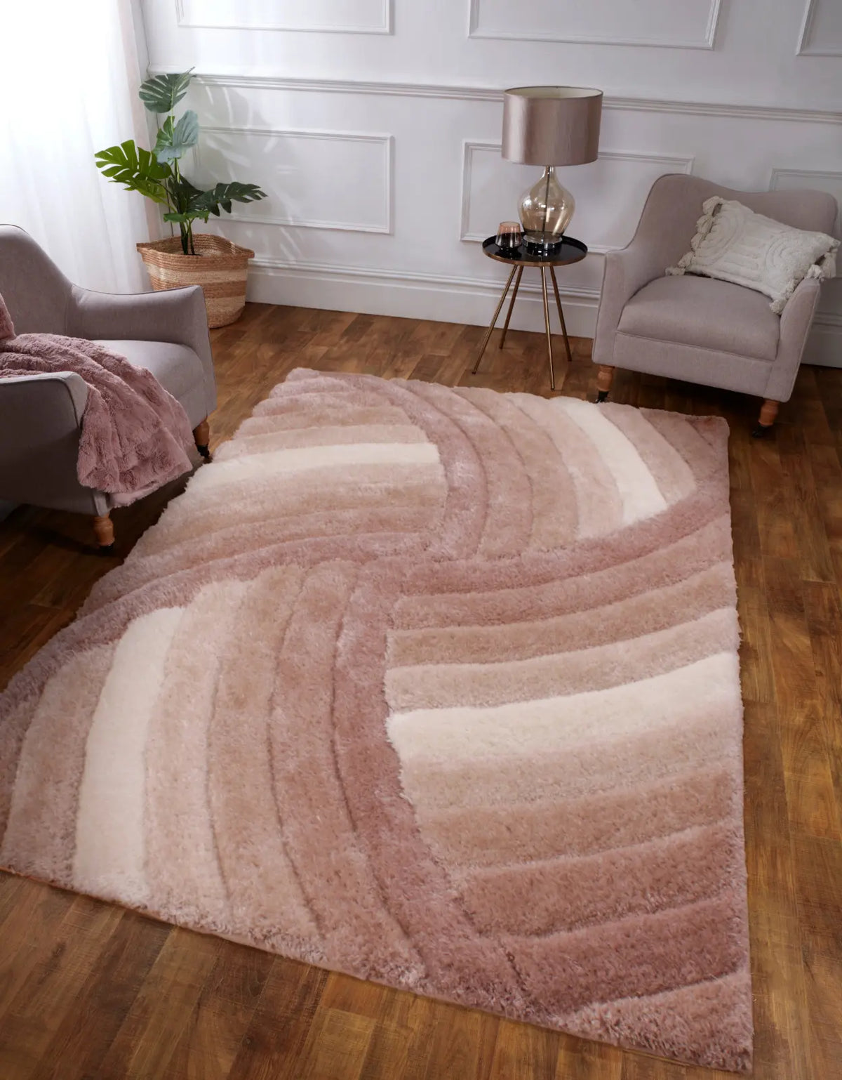 Cascade Natural Beige 3D Carved Swirl Shaggy Rug