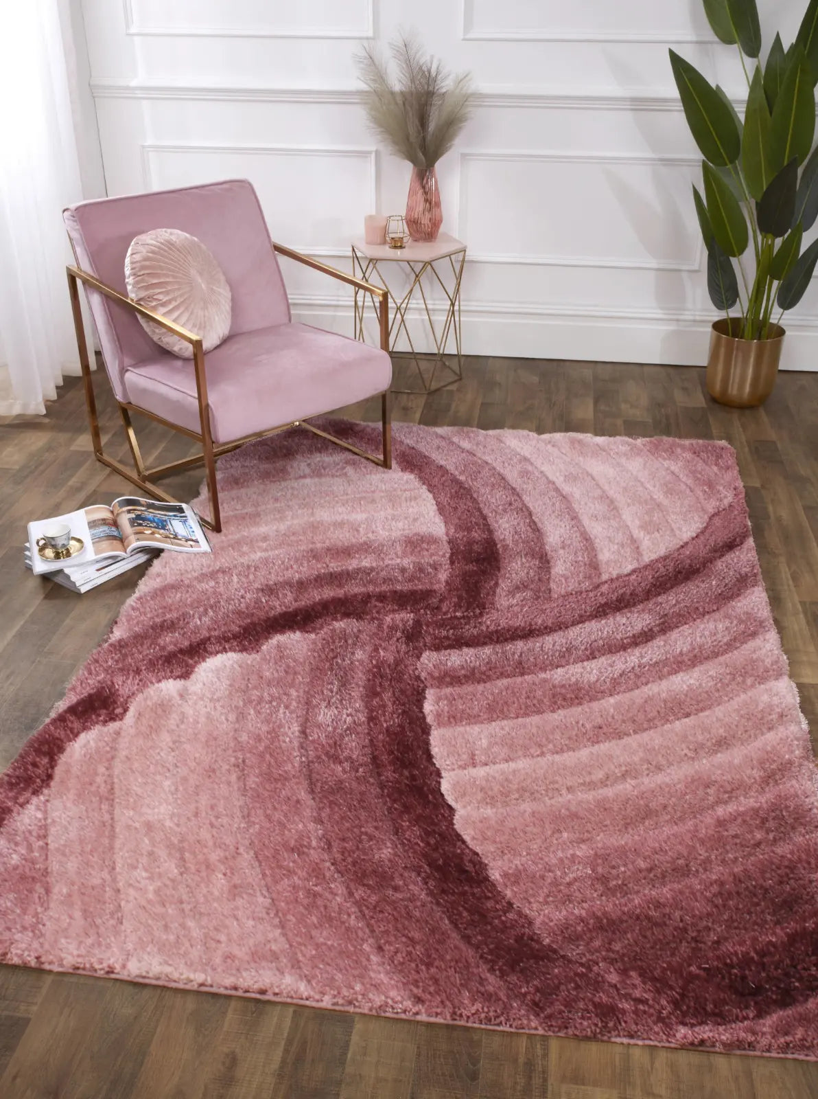 Cascade Pink 3D Carved Swirl Shaggy Rug