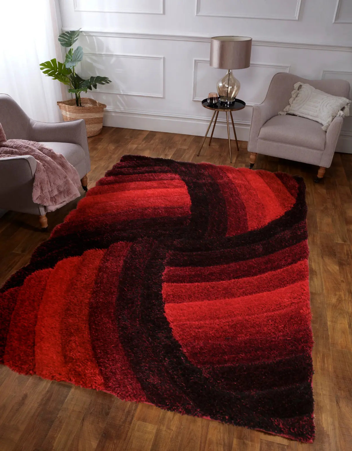 Cascade Red 3D Carved Swirl Shaggy Rug