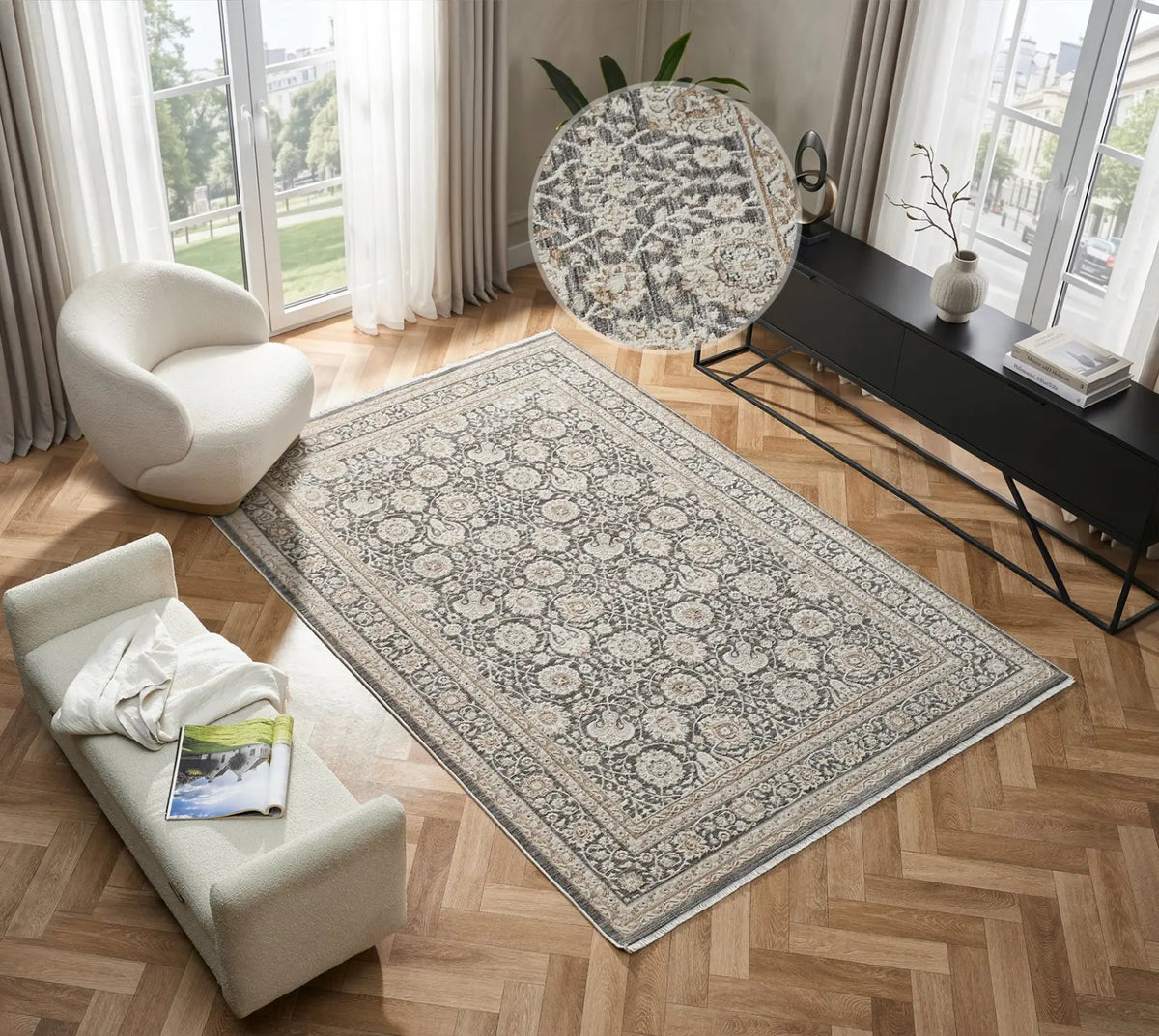 Chesham Grey Traditional Floral Rug