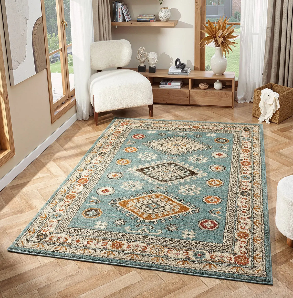 Edale Blue Traditional Tribal Rug