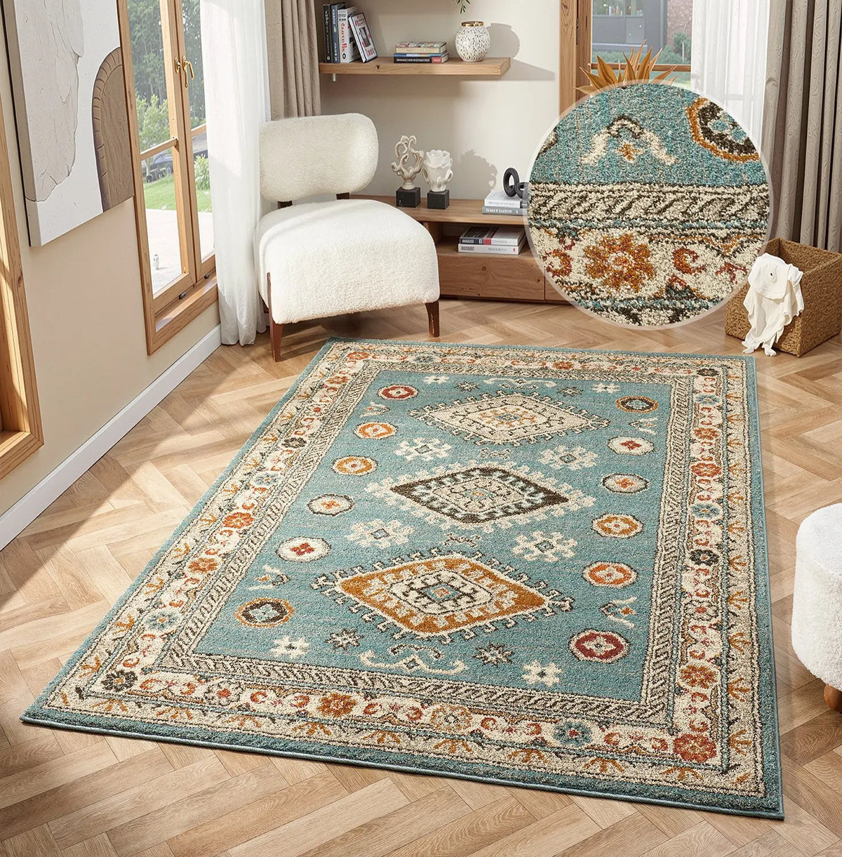 Edale Blue Traditional Tribal Rug