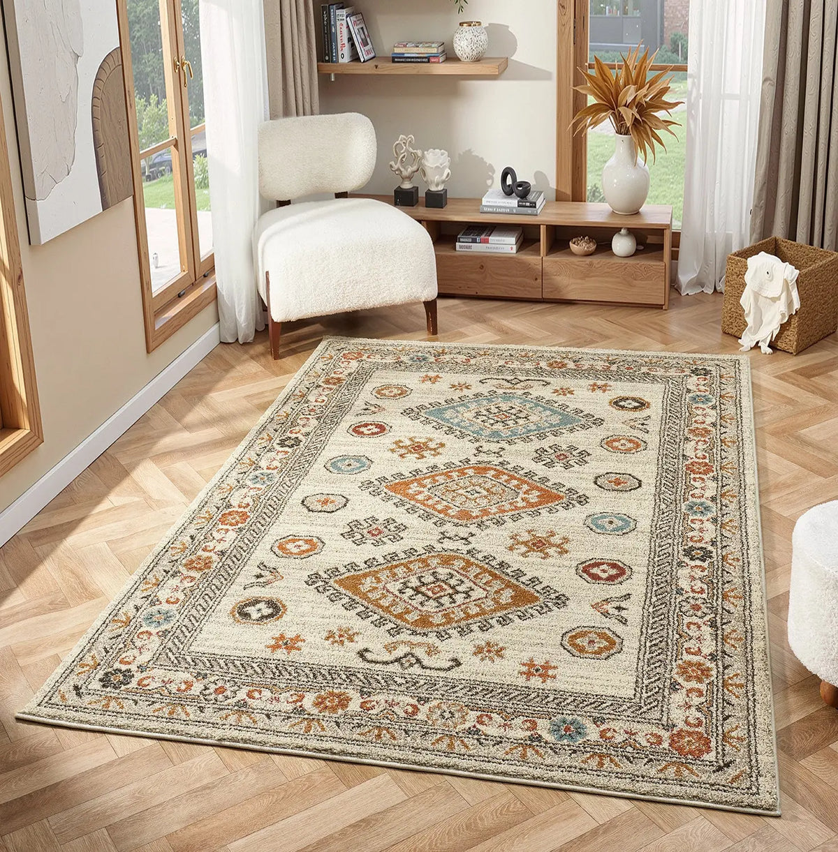 Edale Cream Traditional Tribal Rug