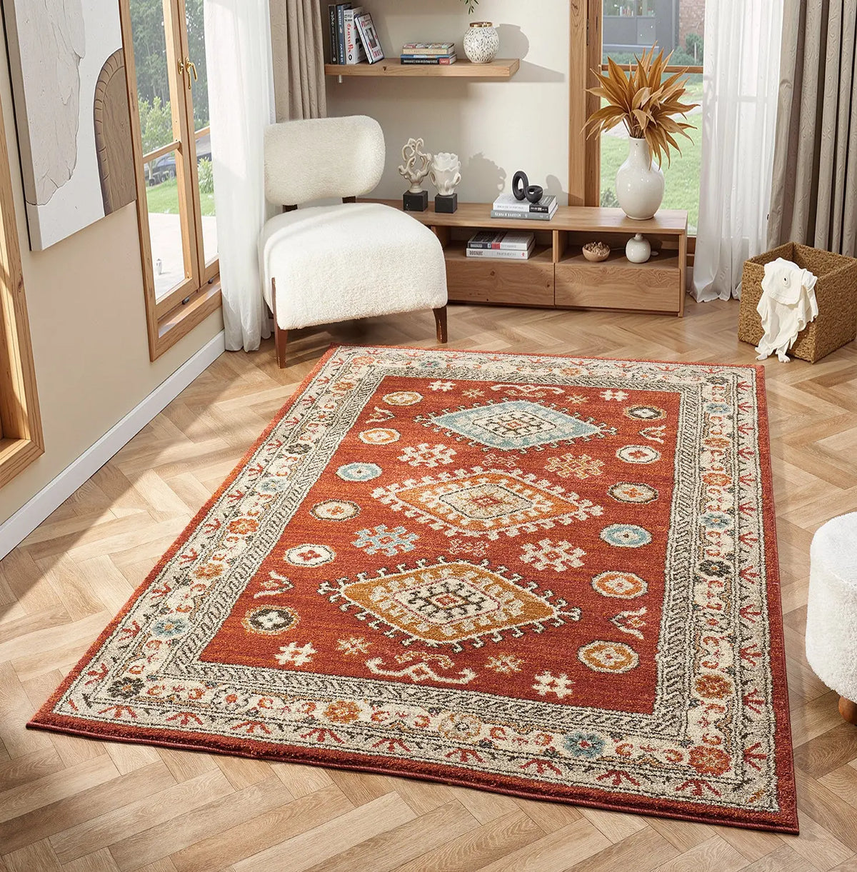 Edale Red Traditional Tribal Rug