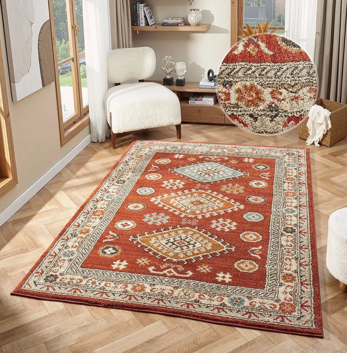 Edale Red Traditional Tribal Rug