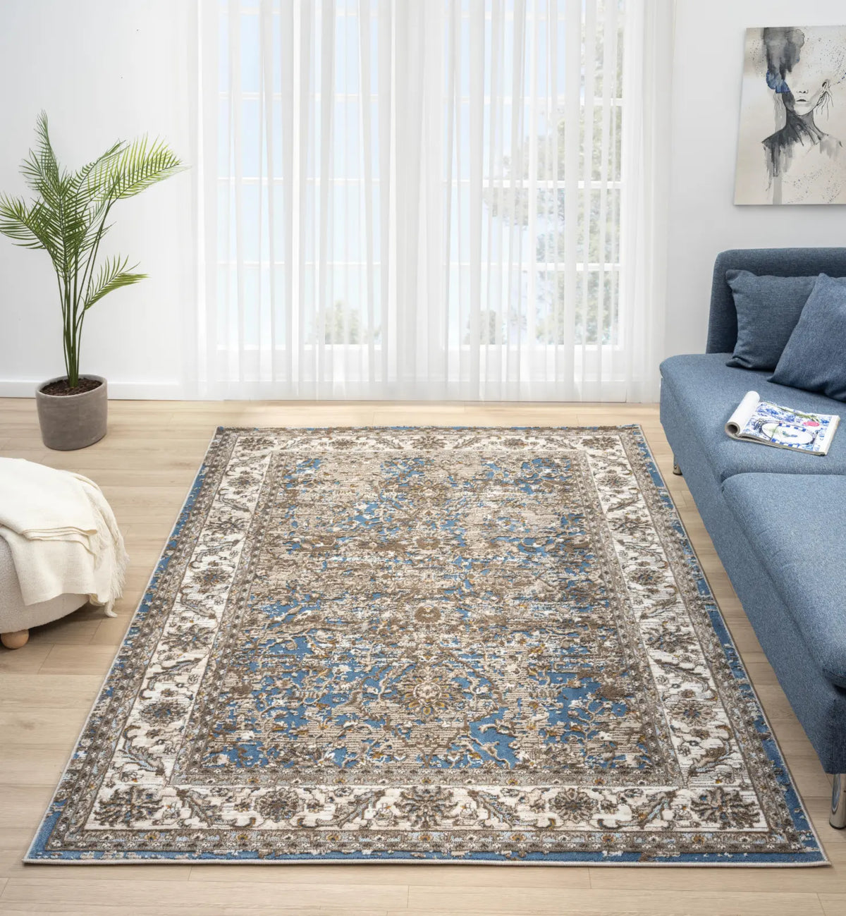 Hungerford Blue Distressed Floral Rug