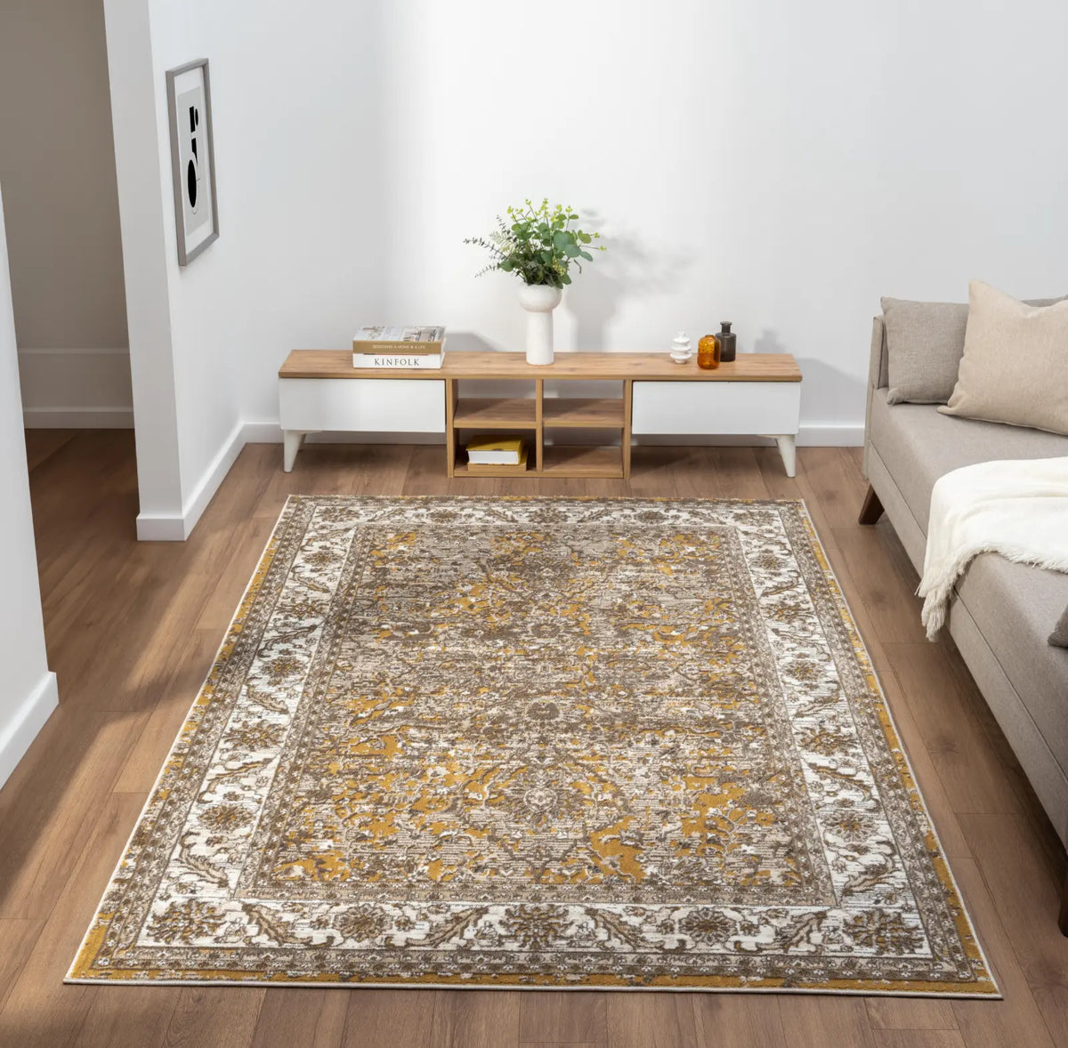 Hungerford Mustard Distressed Floral Rug