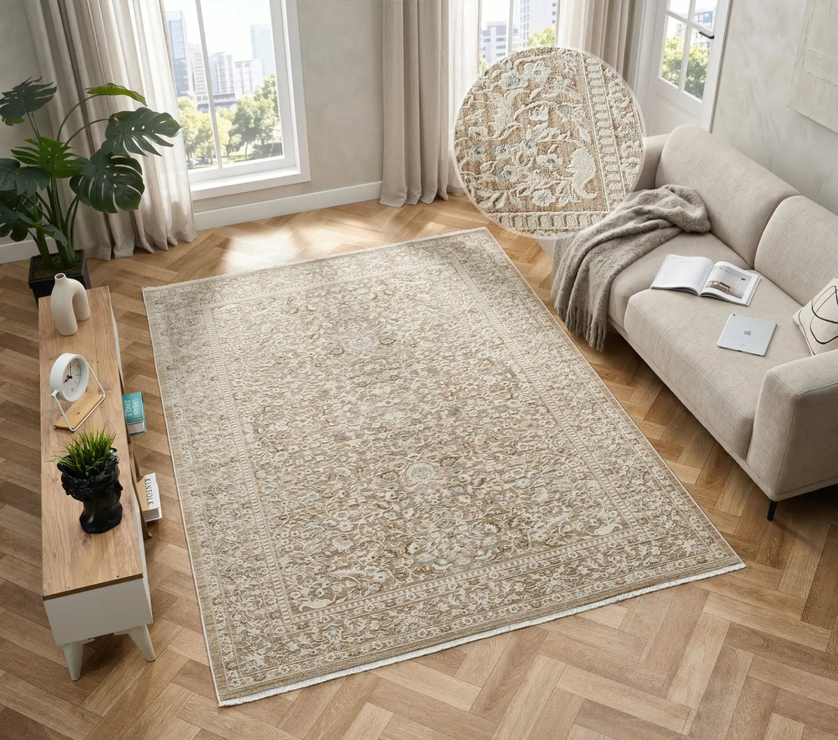 Kinnerton Beige Traditional Floral Rug