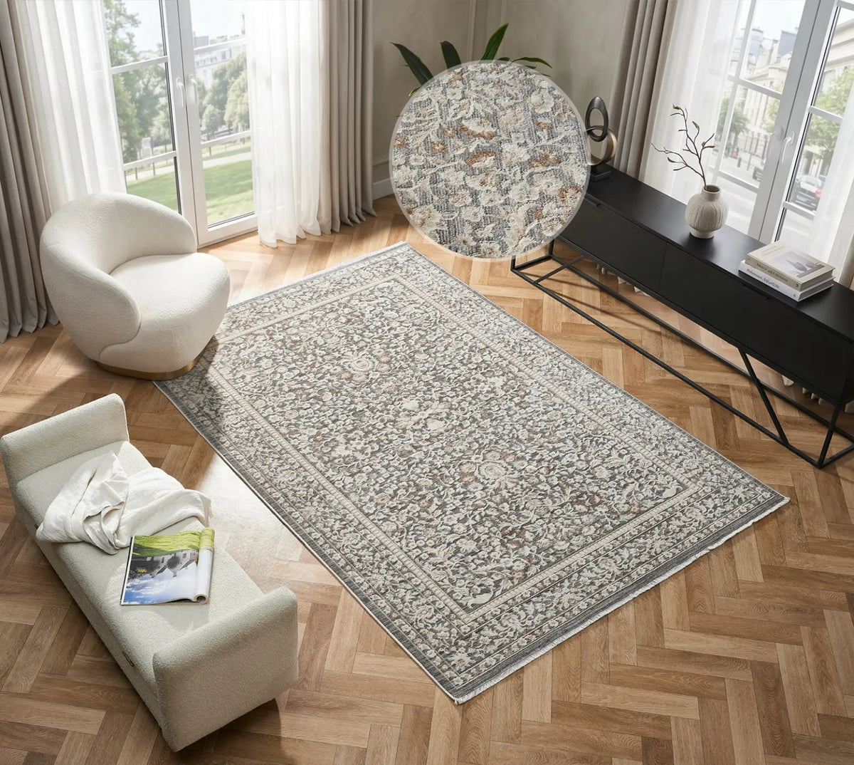 Kinnerton Grey Traditional Floral Rug