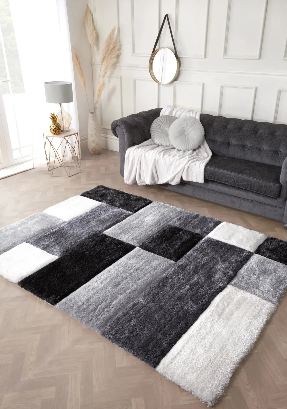 Mason Grey 3D Carved Geometric Shaggy Rug