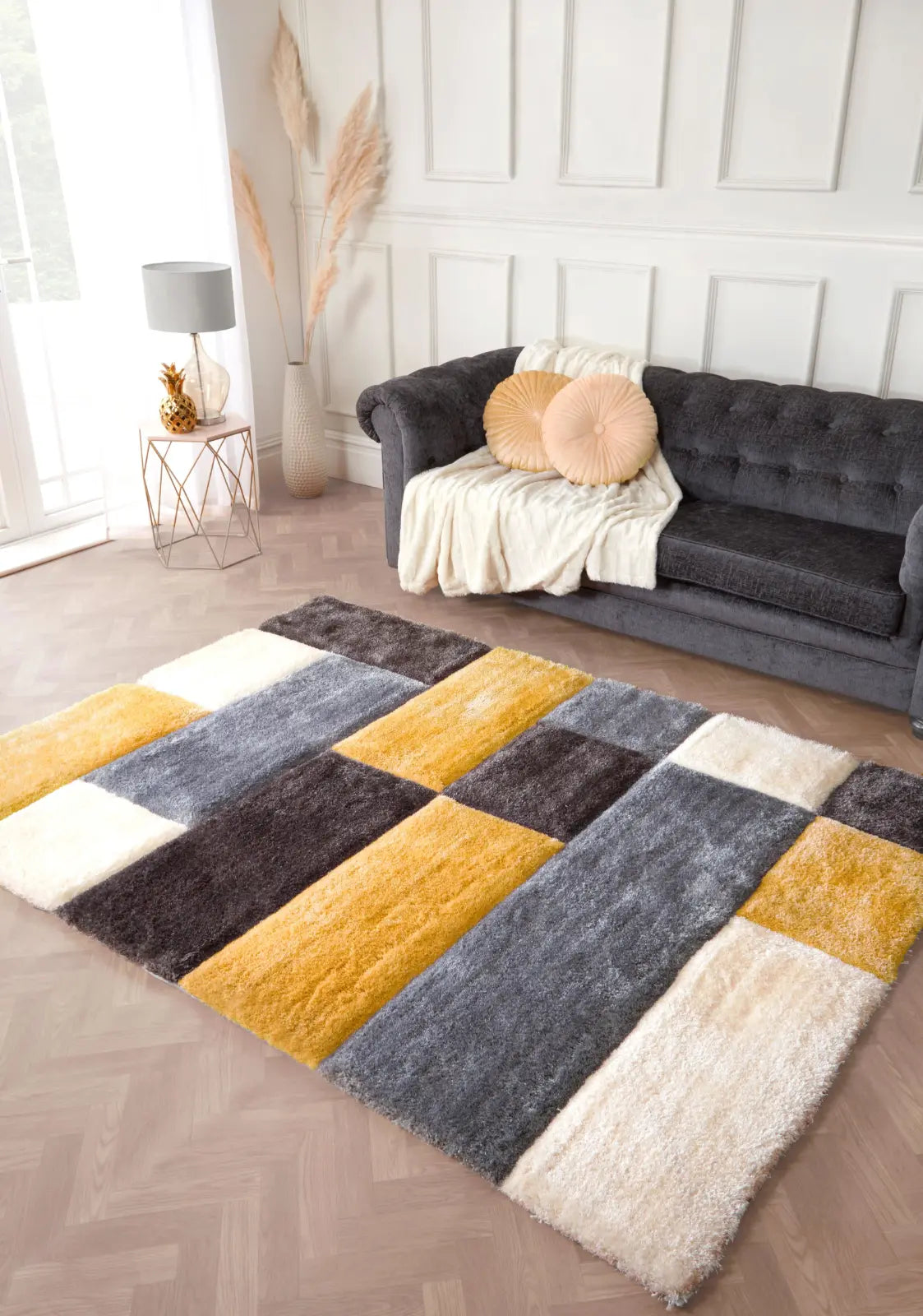 Mason Mustard 3D Carved Geometric Shaggy Rug