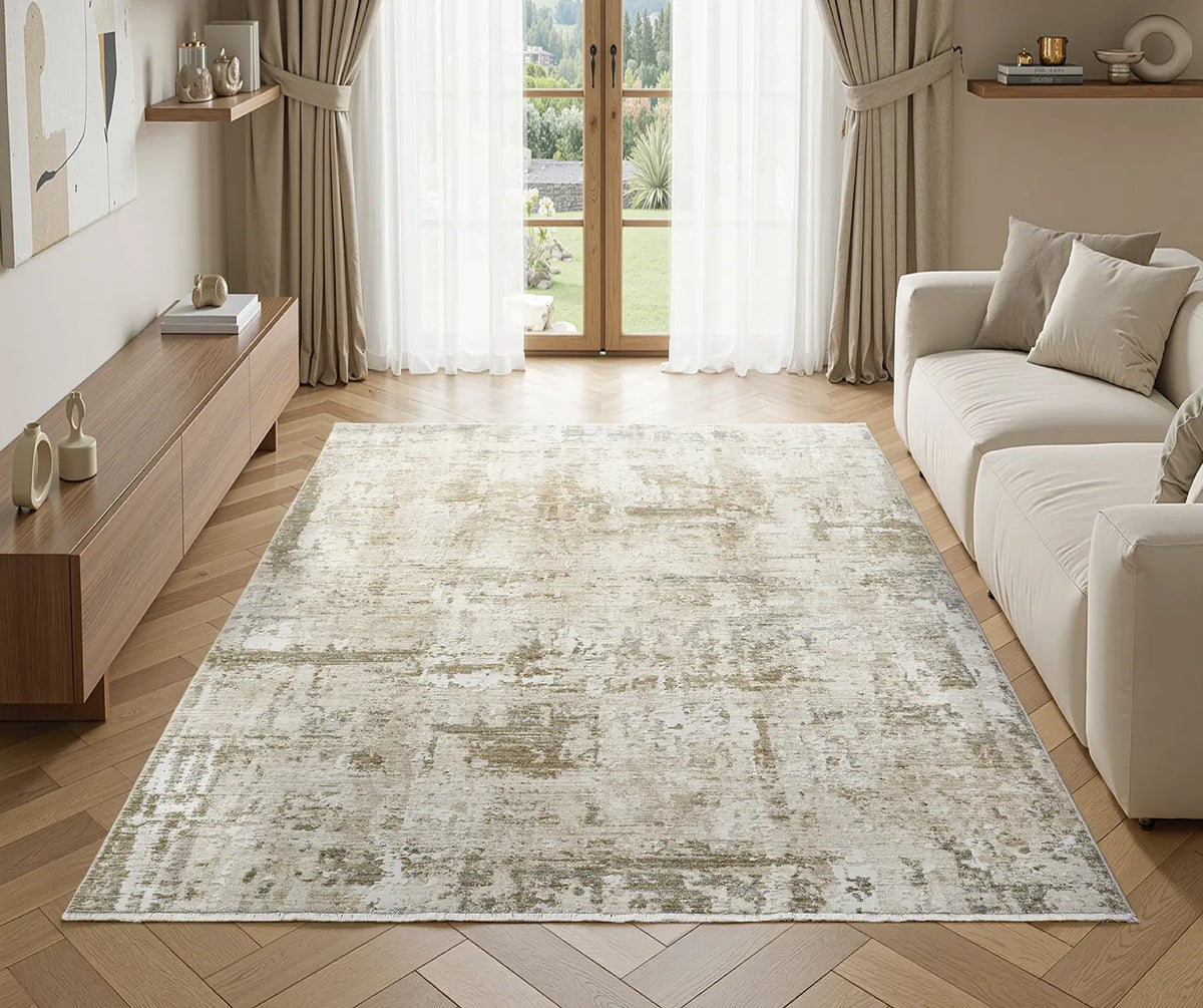 Moonstone Cream & Green Abstract Textured Rug