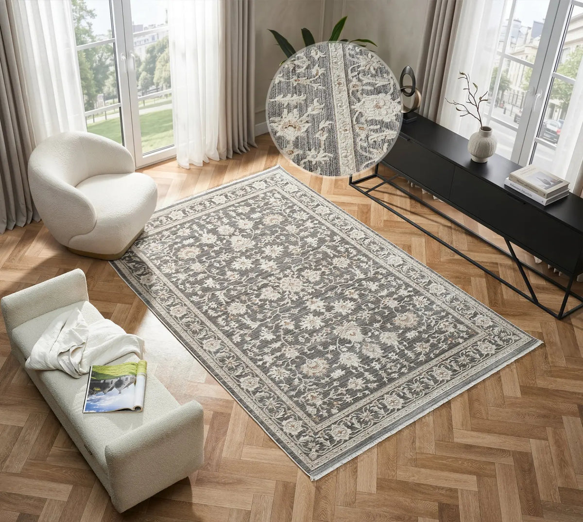 Motcomb Grey Traditional Floral Rug