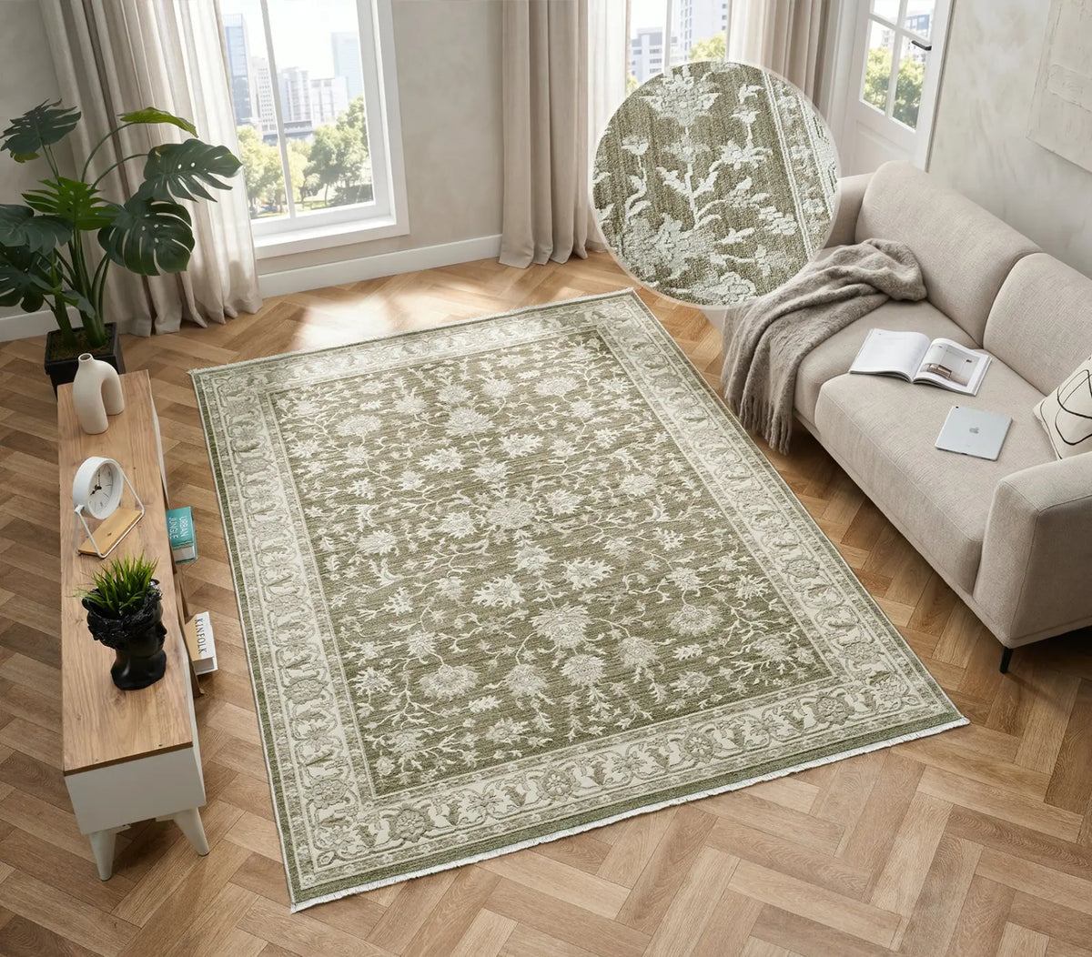 Motcomb Sage Green Traditional Floral Rug