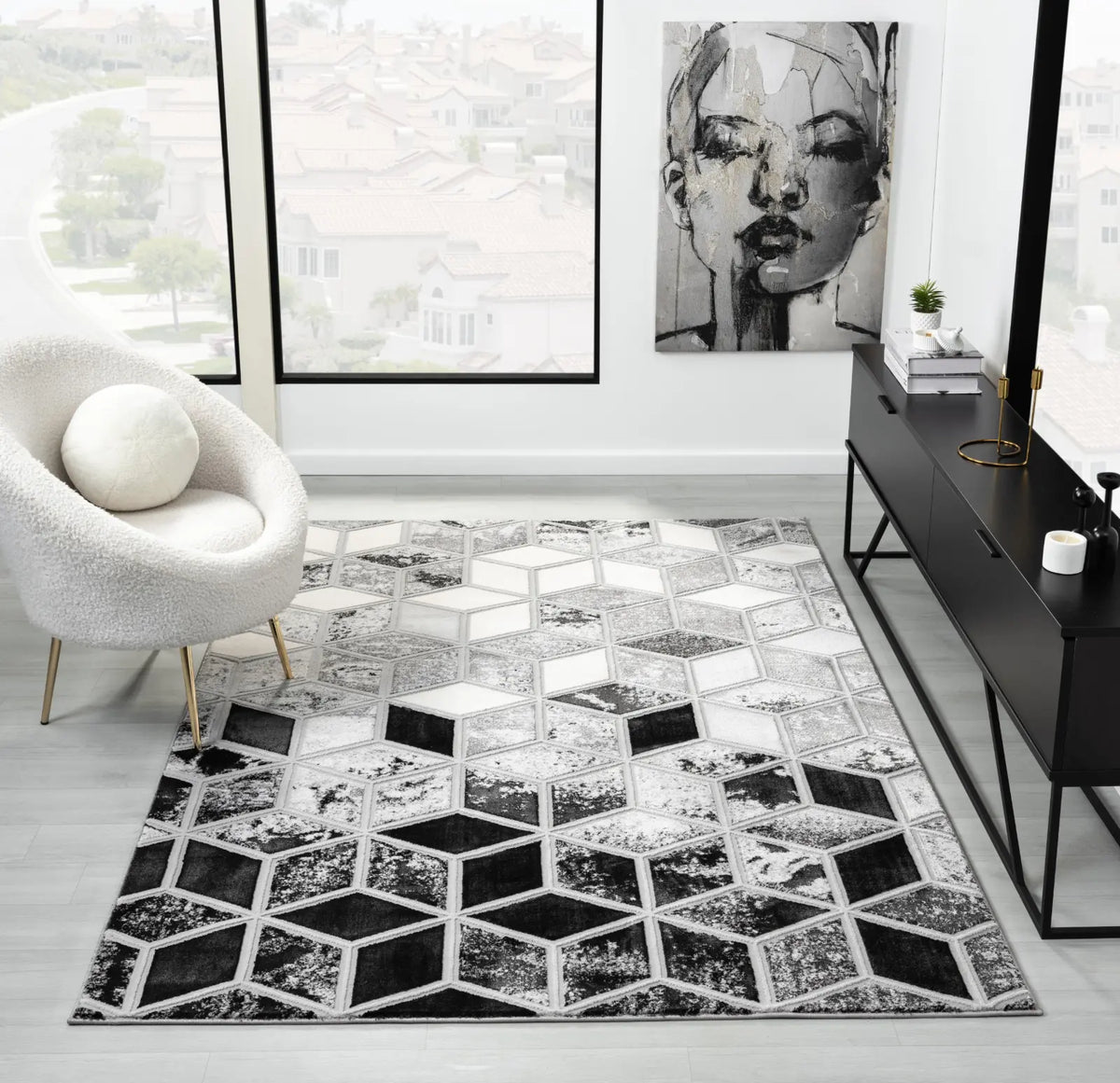Nero Dark Grey & Silver Geometric Marble Rug