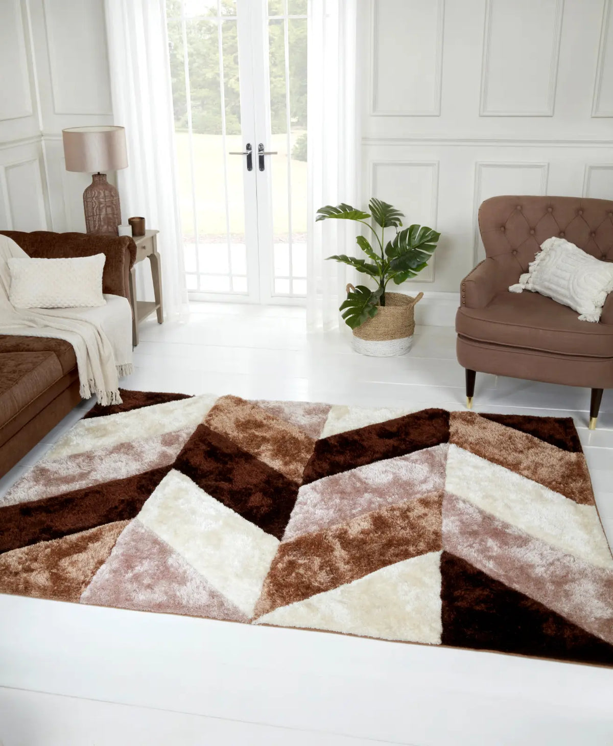Portland Natural Brown 3D Carved Chevron Shaggy Rug