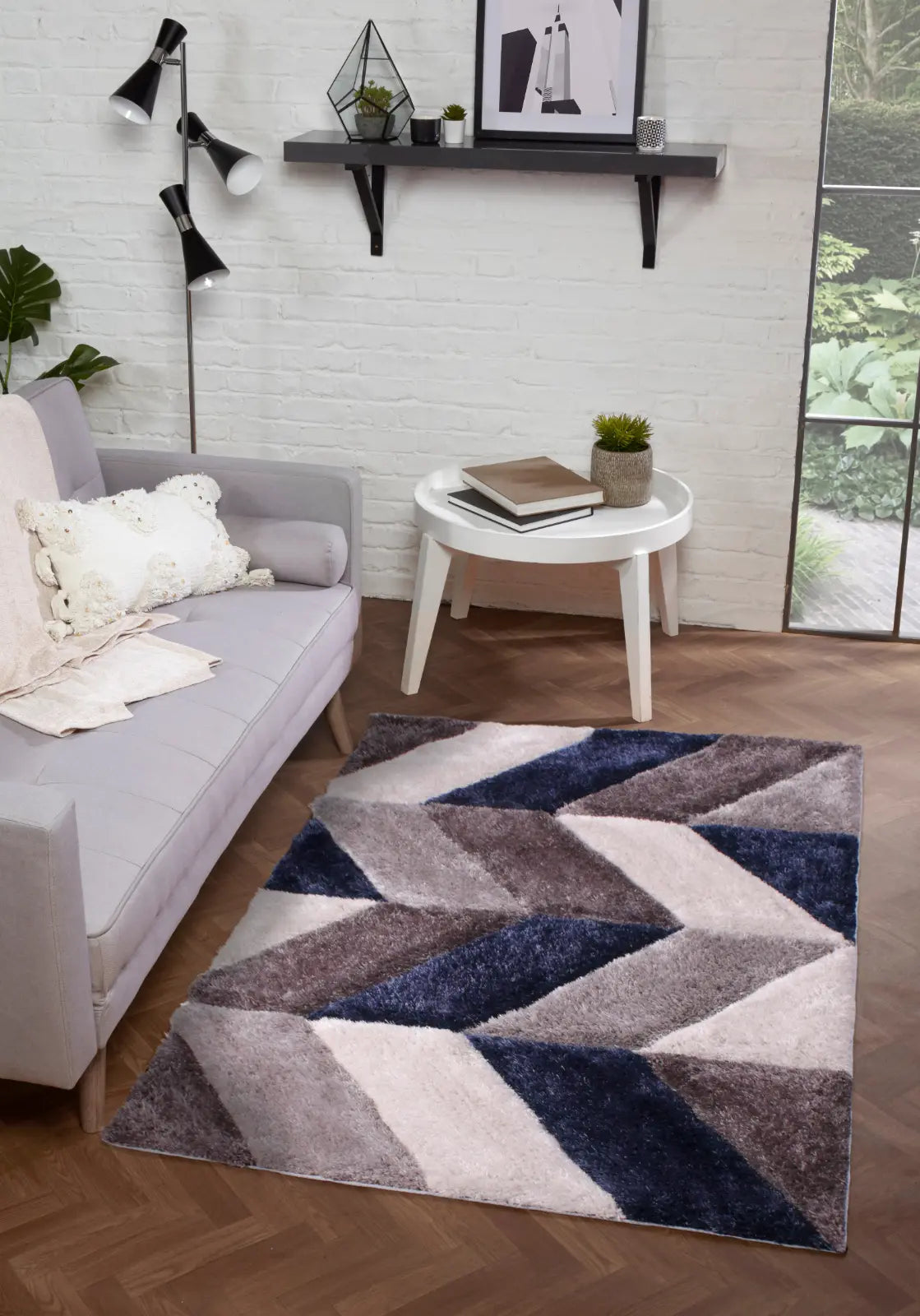 Portland Navy 3D Carved Chevron Shaggy Rug