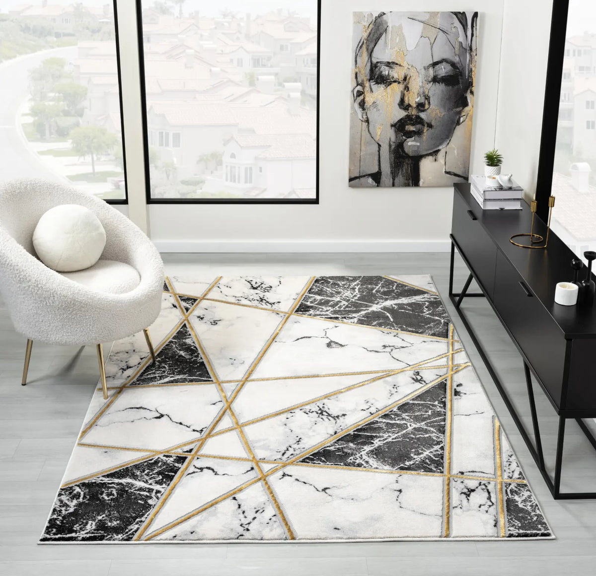 Portoro Black & Cream Marble Effect Rug