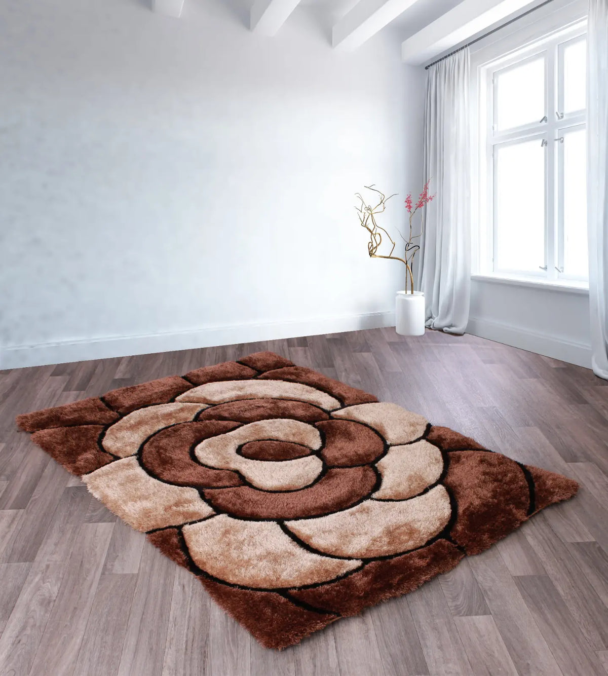 Rosa Chocolate Brown 3D Carved Rose Shaggy Rug
