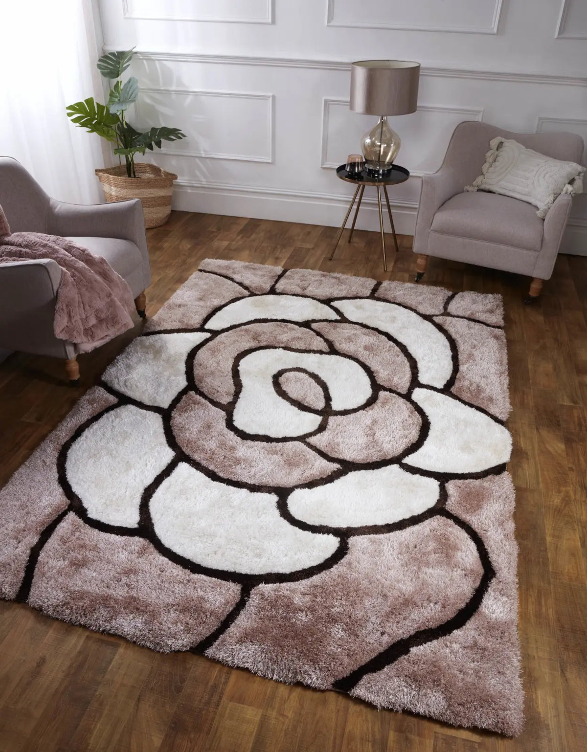 Rosa Natural Beige 3D Carved Rose Shaggy Rug