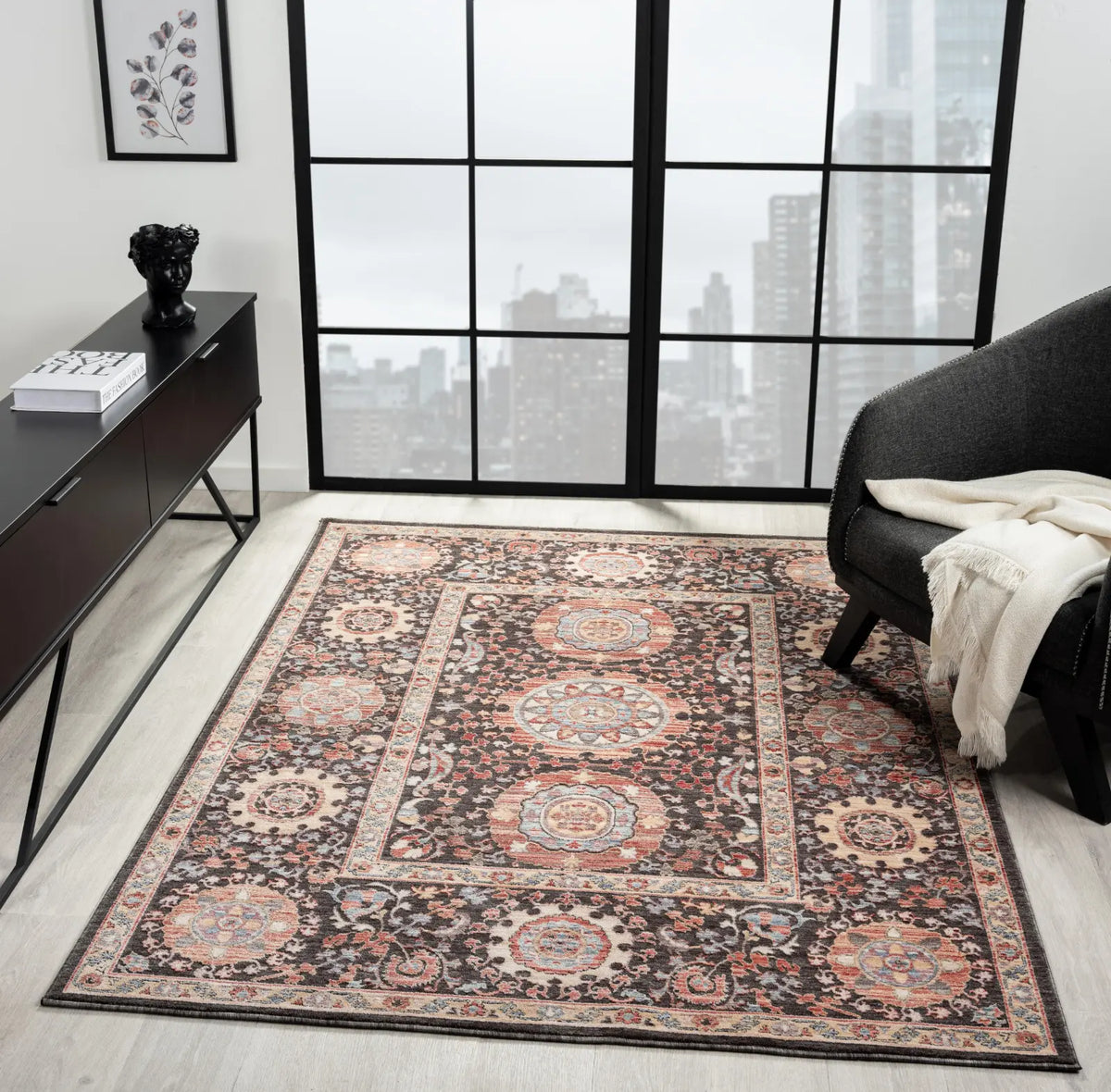 Rosalind Charcoal & Rose Vintage Rosette Rug
