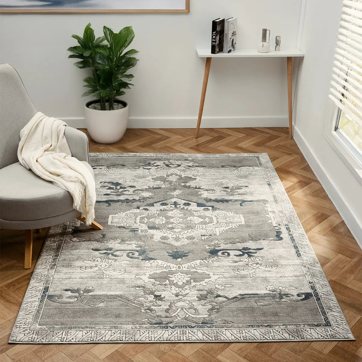 Severn Grey & Blue Textured Tribal Rug