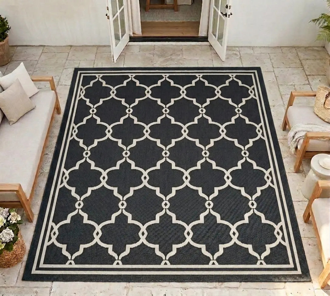 Seville Black Moroccan Tile Outdoor Rug